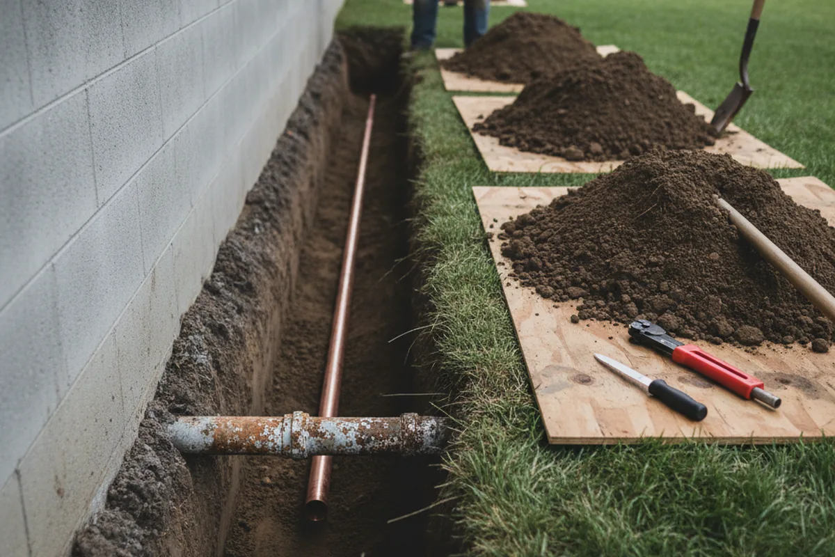 Excavated water line trench during Water Softener Installation in Crossville